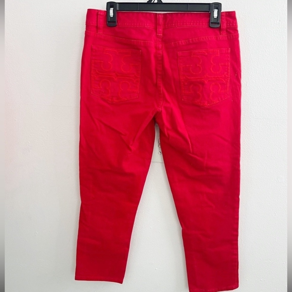 Tory Burch Red Cropped Skinny Jeans Embroidered Logo Pockets Size 26 denim NEW - Picture 11 of 15